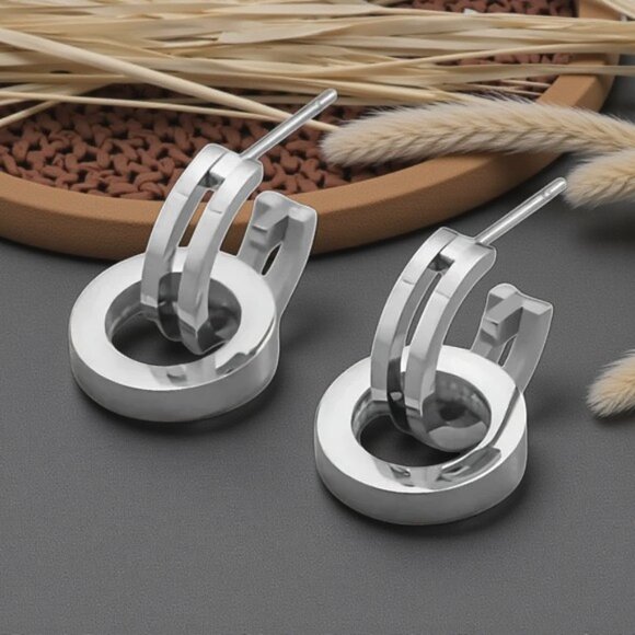 🆕 Minimalist Double Hoop Earrings 18K White Gold Plated 316L Stainless Steel - Picture 11 of 11